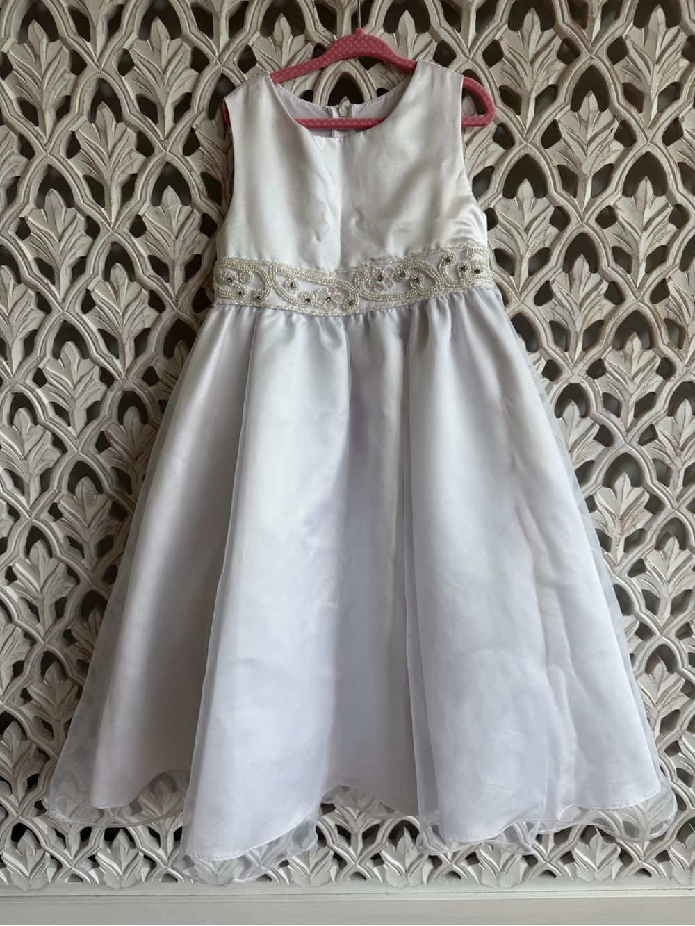Rare Editions White Satin & Beaded Waist Flower Girl Dress, estimated size 5